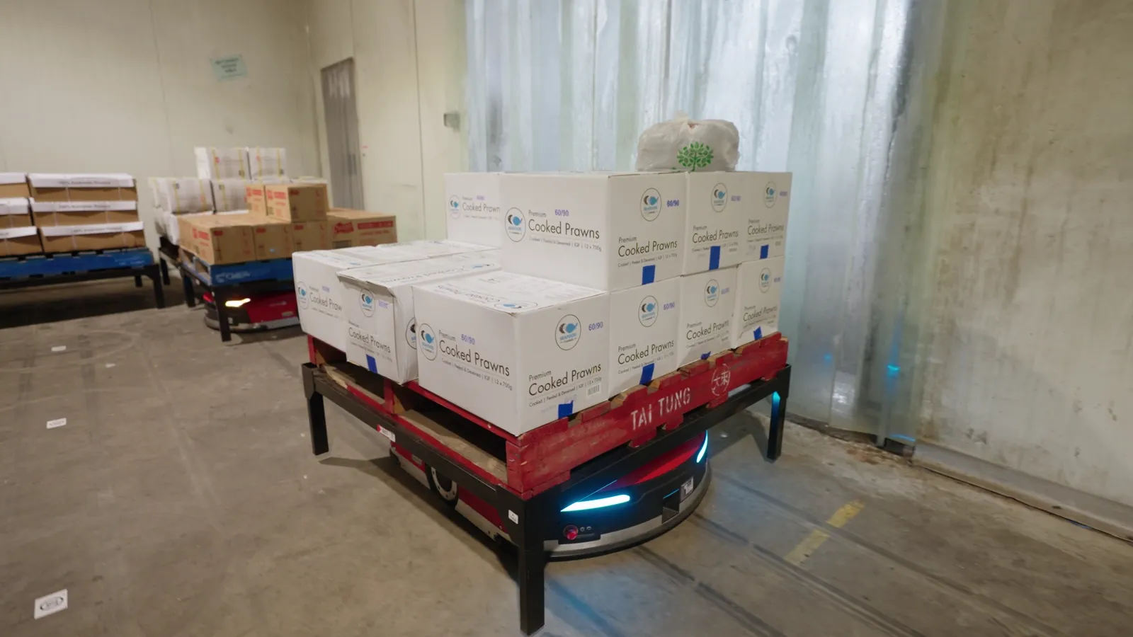 A Mushiny robot carrying a pallet of frozen seafood cartons past freezer strip curtains at Taitung in Sydney
