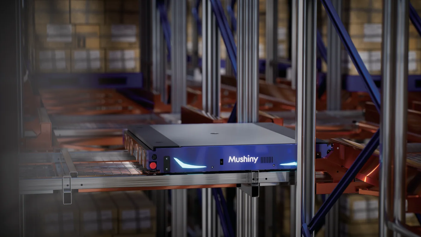 Mushiny four way shuttle on the rails inside a dense pallet rack