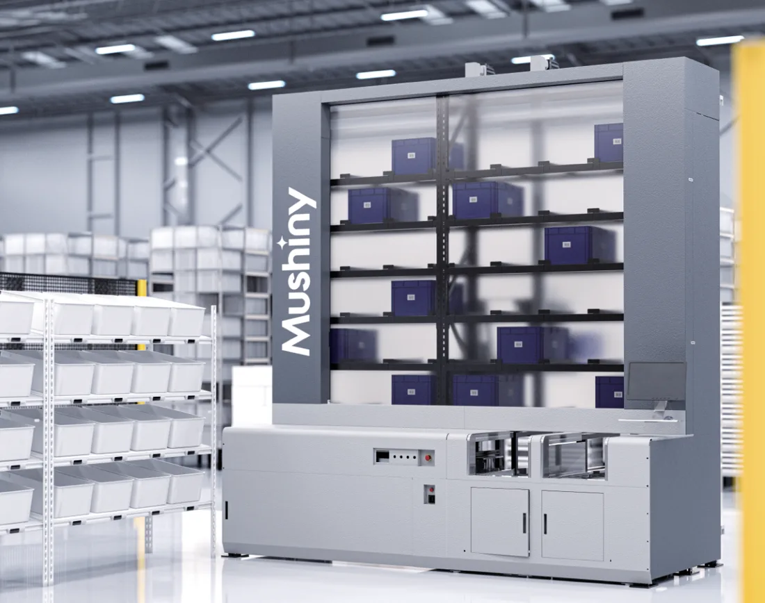Mushiny MIX workstation with its tote shelf, standing in a warehouse