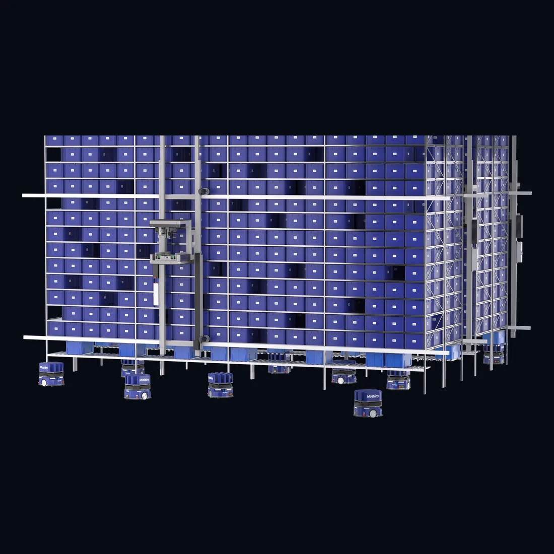 Mushiny MIX Pro racking with gantry and tote transfer robots